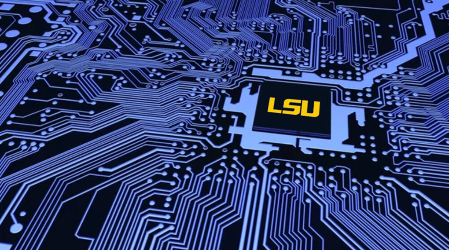 purple lines representing cybersecurity and AI surrounding gold LSU logo.