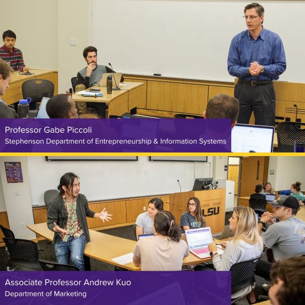 Two photos combined. Both photos show professors Piccoli and Kuo teaching classrooms in front of studnets.