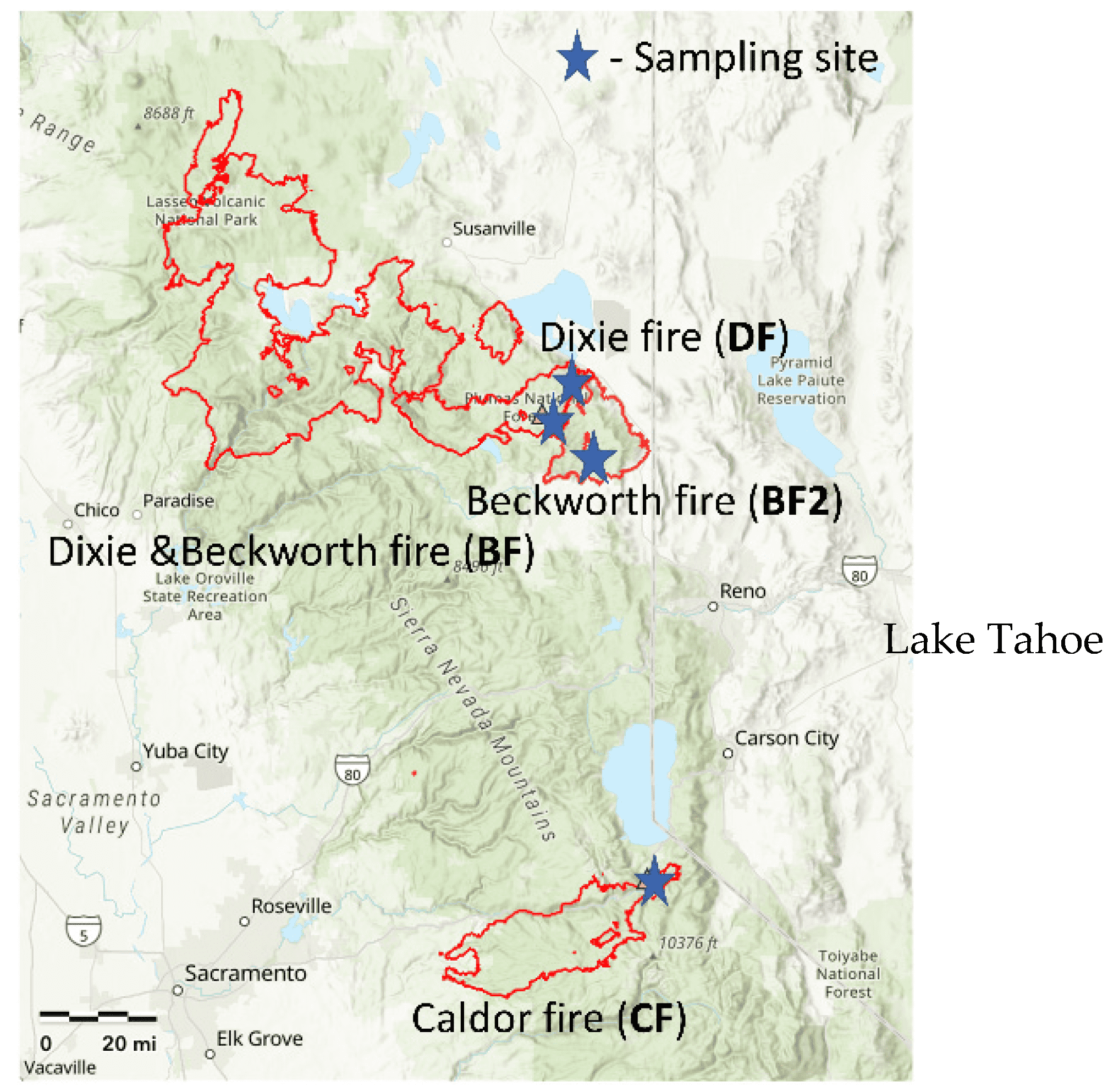 map of Lake Tahoe with fire regions